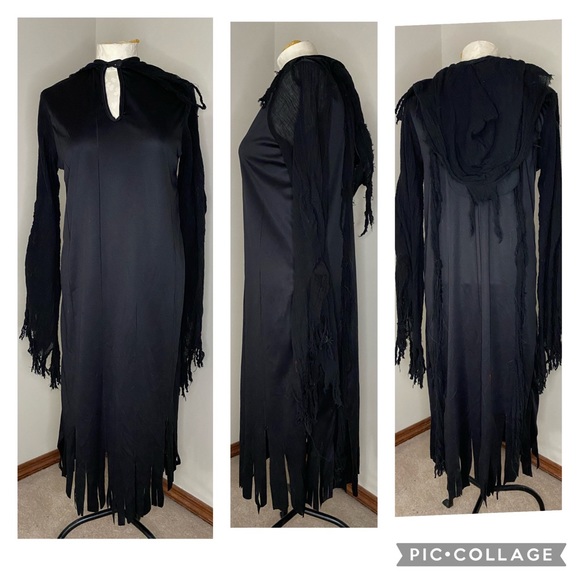 Other Halloween Costume All Black Robe Gown With Hood Adult Small
